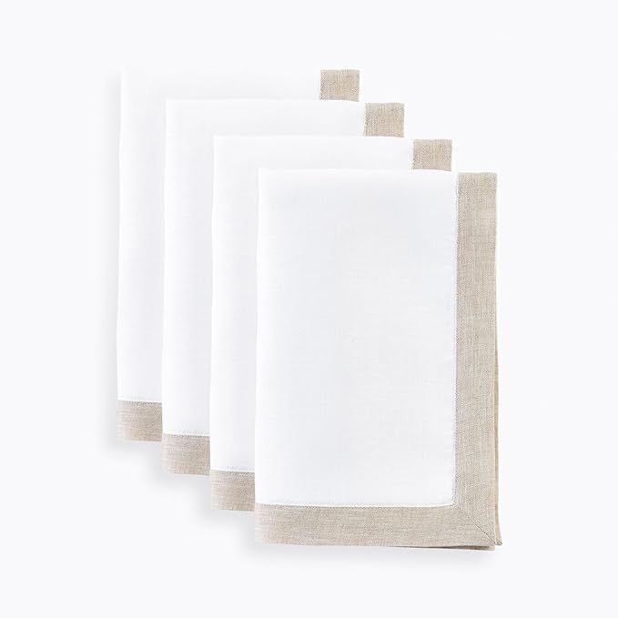 Solino Home Linen Napkins Set of 4-100% Pure Linen Light Natural and White Dinner Napkins Cloth 20 x 20 Inch for Spring, Summer - Classic, Handcrafted and Machine Washable