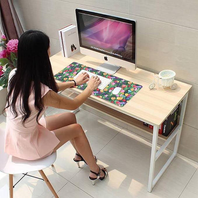 Colorful Tulip Flower Large Mouse Pad Desk Pad, 27.5x11.8in Vibrant Floral Garden Extended Desk Mat with Stitched Edges, Non-Slip Waterproof Rubber Base for Office, Computer & Laptop