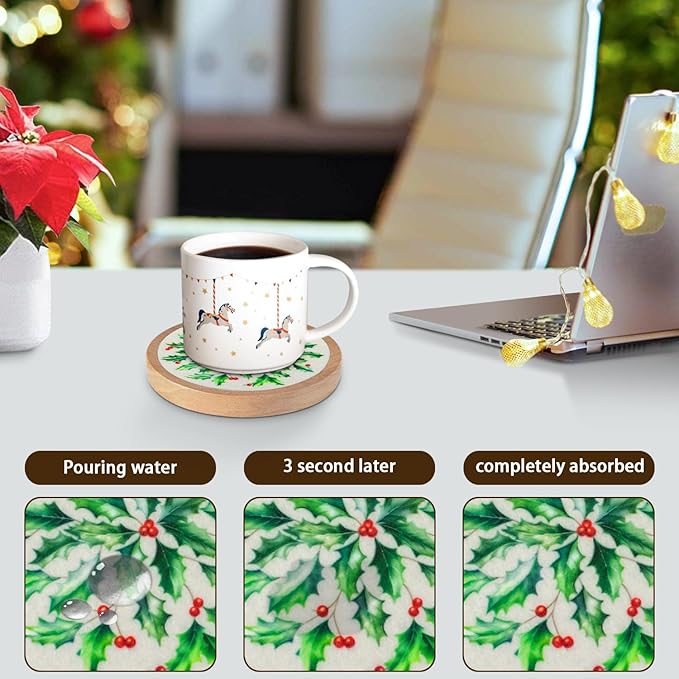Christmas Coasters Set of 4 with Holder, Cewiru Cup Mat for Drinks, Absorbent Coasters with Felt Insert for Coffee Table Protection, Modern Style Home Dining Table Decor, 4.3"