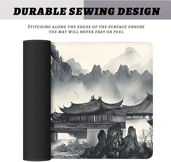 Japanese Ink Gaming Mouse Pad Black White Zen Mountain Landscape Large Gaming Mouse Mat with Stitched Edges,Non-Slip Waterproof Rubber Base Mous Mat 31.5"x11.8"