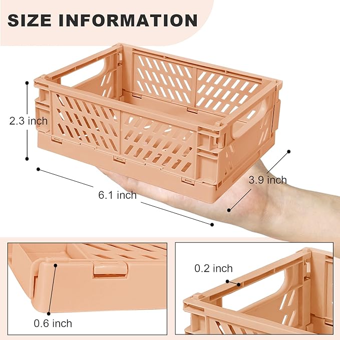 Tobeso-Nuoze Mini Pastel Plastic Storage Baskets 2 Pack, Collapsible Crates for Organizing, Space-Saving Bins for Kitchen, Office, Bedroom (Orange, Small: 5.8"x 3.8" x 2.2")