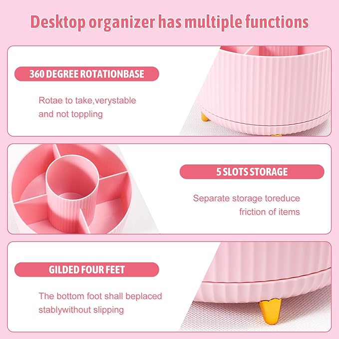 Pink Desk Accessories 12Pcs Set, Cute Office Supplies Decor for Women, 360° Rotating Pen Holder Organizer with Stapler, Tape Dispenser, Staple Remover, Staples, Tape, Clips Set, Ruler, Scissor, Pen