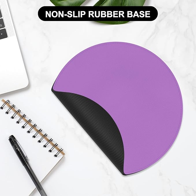 Leather Mouse Pad, Office Mouse Mat Non-Slip Rubber Base Stitched Edge Washable Waterproof Round Mousepad for Office Gaming PC Laptop, Round Diameter 8.7 inches, Purple