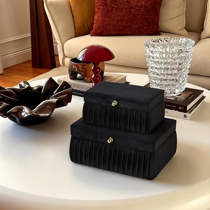 HofferRuffer Velvet Decorative Boxes, Jewelry Boxes Storage Accessory Organizer Boxes with Elegant Handle Decor, Classic Velvet Set of 2 Pieces (Black Velvet)