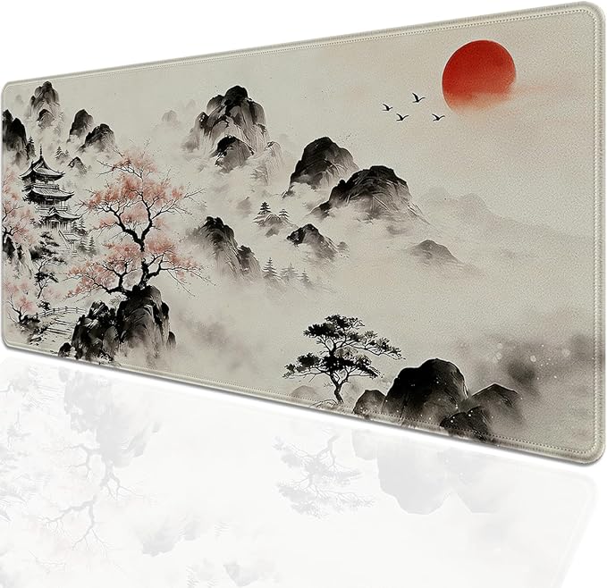 Japanese Ink Painting Mouse Pad Desk Pad, 27.5x11.8 in Japanese Style Mouse Pad Extended Keyboard Mousepad with Stitched Edges, Waterproof Non-Slip Rubber Base for Office Computer Laptop Home