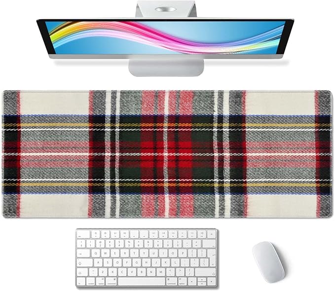 Gaming Mouse Pad, Large Non-Slip Rubber Base Mousepad, Keyboard Mouse Mat, Desk Pad with Stitched Edges, 31.5x11.8inch, Red and White Plaid