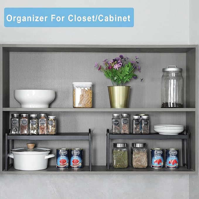 Set of 2 Expandable Kitchen Cabinet Shelf Organizer, Stackable Countertop Cabinet Storage Shelves Organizers For Spice Plate Dish Mug Cups, Adjustable Counter Cupboard Pantry Shelf Organizer