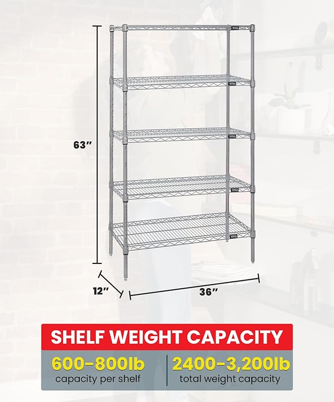 QUANTUM STORAGE SYSTEMS WR63-1236S-5 Starter Kit Wire Shelves Stainless Steel 5 Shelves 63" H x 36" W x 12" D