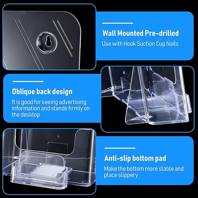 Remerry 4 Set 6.5 Inch Acrylic Brochure Holder with Business Card Pocket, Wide Bifold Clear Brochure Display Stand Flyer Holder for Pamphlet Literature Magazine Booklet, Desk or Wall Mount Display