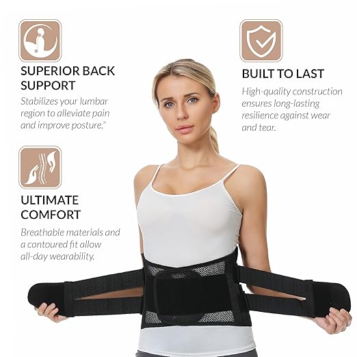 NeoTech Care Lower Back Brace for Women or Men, Lumbar Back Support Belt (Black, Size M)