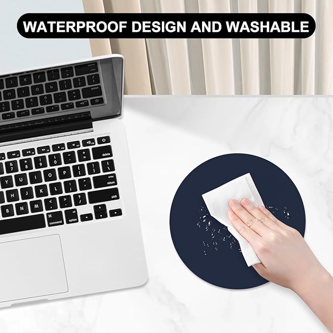 Leather Mouse Pad, Office Mouse Mat Non-Slip Rubber Base Stitched Edge Washable Waterproof Round Mousepad for Office Gaming PC Laptop, Round Diameter 8.7 inches, Dark Blue