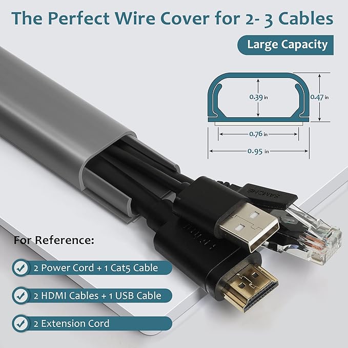 Wire Covers for 2-3 Cords, 43.7in Cord Hider, Wire Hiders for TV on Wall, Paintable Cable Cover Channel, Cable Management Raceway Kit for Wall Mounted TV in Home Office, 0.95in W X 0.47in H, Grey