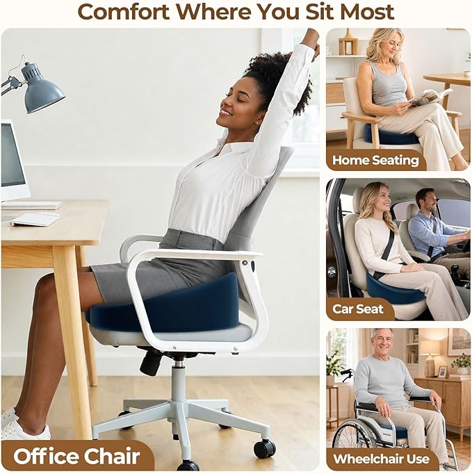 TushGuard Ergonomic Donut Pillow Seat Cushion with Raised Rear Support, Large Memory Foam Cushion for Tailbone, Hemorrhoids & Sciatica Relief, Office Chair, Car, Travel, Postpartum, Blue