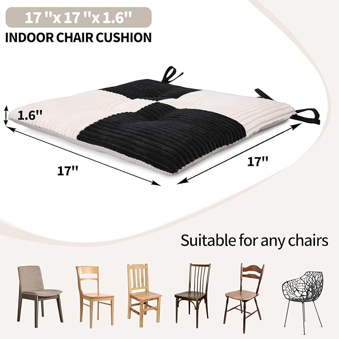 Office Stacking Chair Cushions 4 Pack, Corduroy High Density Foam Kitchen Seat Cushions with Ties, Square 17" x 17" Indoor Non-Slip Dining Chair Pads, Black+ White，4pcs