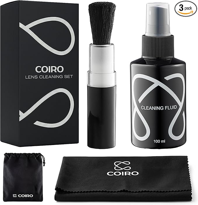 C Coiro Camera Lens Cleaning Kit 3in 1– Lens Cleaner Spray 100ml, Soft Brush & Microfiber Cloth – DSLR, Mirrorless Camera Cleaner Compatible for Canon, Nikon, Sony