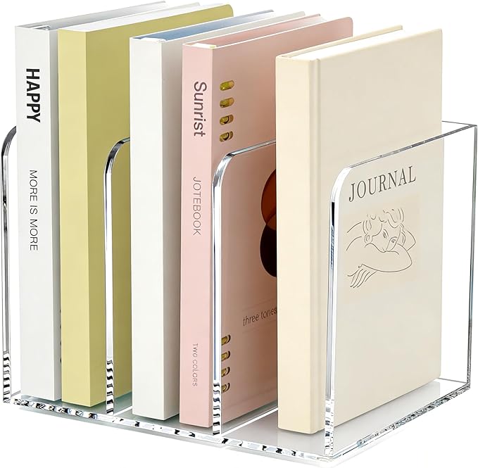 3-Slot Clear Acrylic Magazine File Holder – Vertical Desk Organizer for Books, Folders & Tablets, 8.97×7.48×6.69 Inches