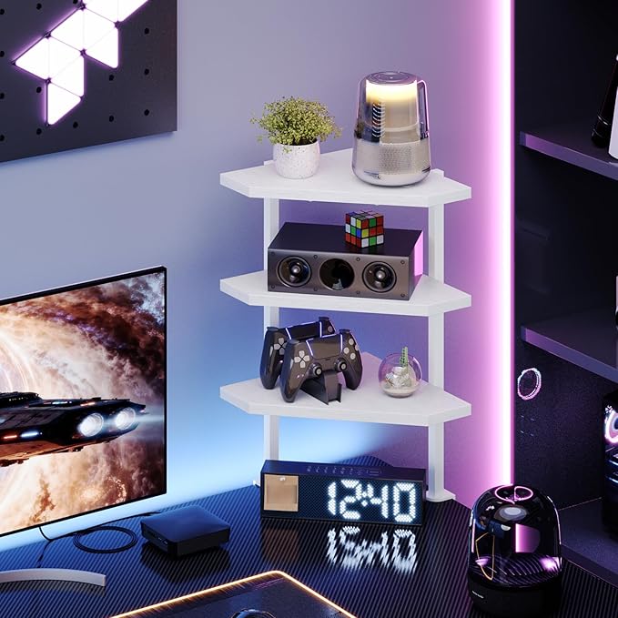 MAHANCRIS Clamp on Desk Corner Organizer, 3-Tier Desktop Shelf, Adjustable Desk Corner Storage Shelf with Metal Frame, for Office, Game Room,White DSWT5501
