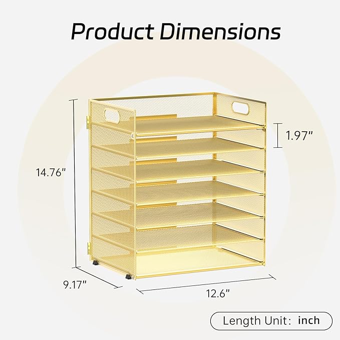 7 Tier Paper Organizer - Mesh Desktop File Holder with Handles for Office School Desk (Gold)