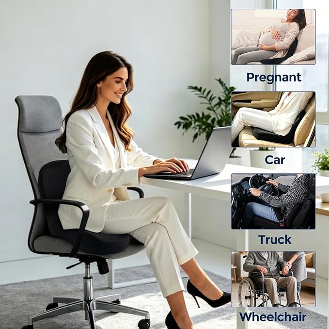 Ergonomic Seat Cushion with Adjustable Strap, Memory Foam Office Chair Seat Cushion with L-Shaped Design, Car Seat Cushion Fits for Truck Driver Semi Truck, Gaming Chair, Desk, Black