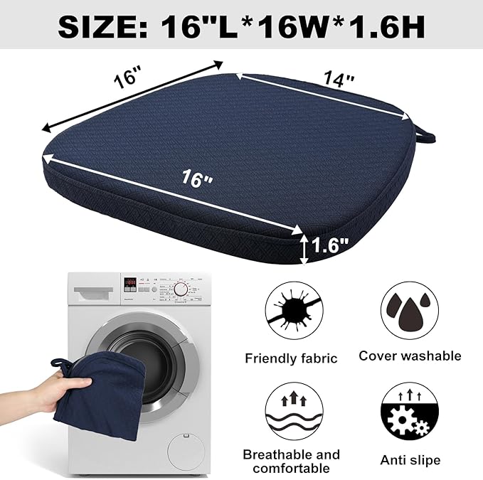 BUYUE Luxury 100% Pure Memory Foam Chair Cushions 4 Pack, Jacquard 16" U-Shape Comfortable Dining Chair Pads, Removable Slip Resistant Kitchen Chair Seat Cushions, (Set of 4, Navy Blue)