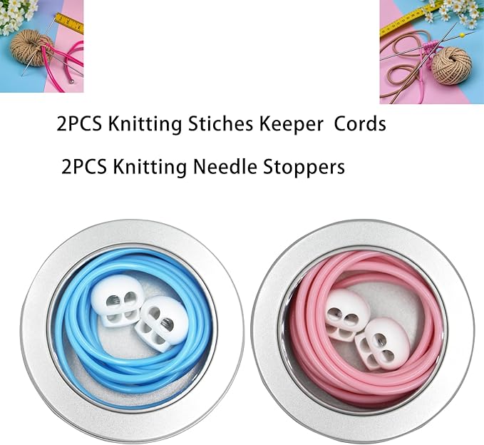 MEYAGO 2PCS PVC Knitting Stitches Holder Barber Cord Stitch Markers Knit Stiches Keeper PVC Knitting Cords with Knitting Needle Stoppers in Storage Tin