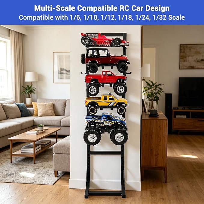 Rc Car Stand Display 5 Tier Metal Storage Rack Shelf Compatible With 1/6 1/10 1/12 1/18 1/24 Scale Crawler Trucks Accessories Multi Layer Model Workstation Organizer Includes 2 Remote Controller Hooks