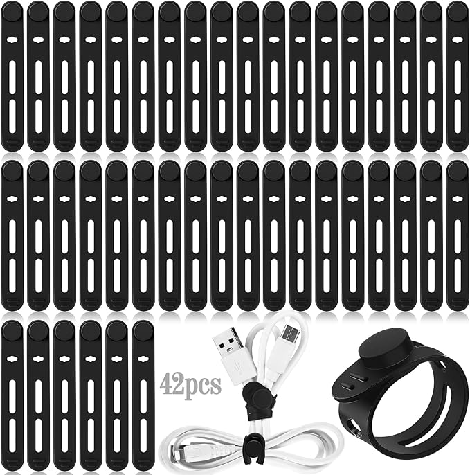 Tellegloww 42 Pcs Silicone Cable Ties Reusable Cord Organizer Adjustable Data Cable Wraps for Earphone Phone Charger Computer Cord Management Straps Travel Essentials(Black,3.15 Inch)