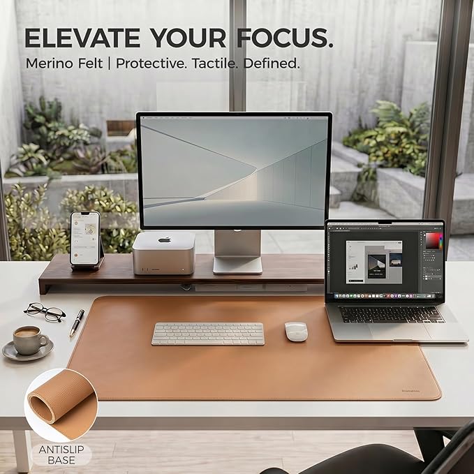Large Desk Pad Non-Slip Desk Mat Protector for Keyboard Mouse Waterproof Vegan Leather Surface Faux Leather Laptop Mat Smooth Mouse Pad Premium Gift Tube Caramel Brown 35" x 17"