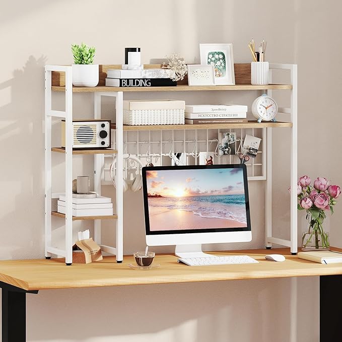 COSTWAY Desktop Bookshelf for Monitors up to 32", 37" x 10" Countertop Organizer with 4 Open Shelves, Grid Panel with 6 Hooks, Anti-Tip Safety Kit, and Adjustable Feet for Home Office (White)
