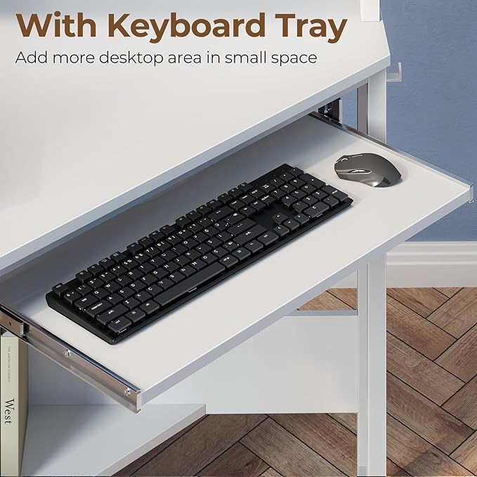 Rolanstar Corner Desk, 44.5" W x 34.5" H Small Computer Desk with Power Outlets, Gaming Desks with LED Lights, Triangle Corner Table with Keyboard Tray & Monitor Stand for Small Space, White