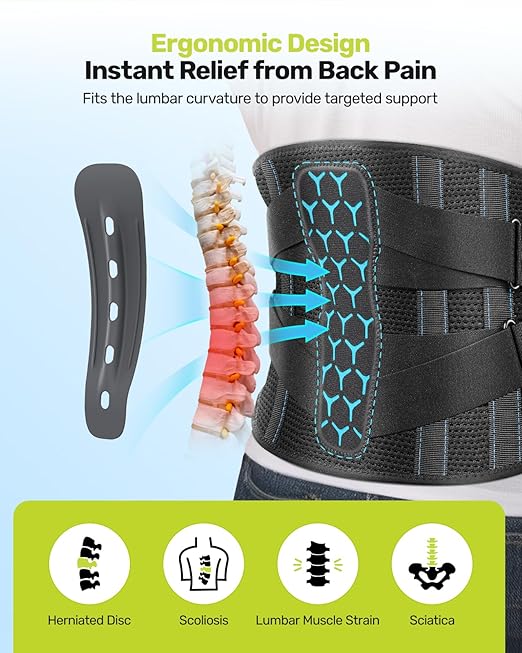 Rakiie Back Brace for Lower Back Pain, 7 Stays Ergonomic Support Brace with Comfortable 3D Pad, Easy to Put On/Off Lumbar Support Belt for Women Men, Pain Relief from Sciatica, Herniated Disc, Size M (Waist: 33.5"-39.4")
