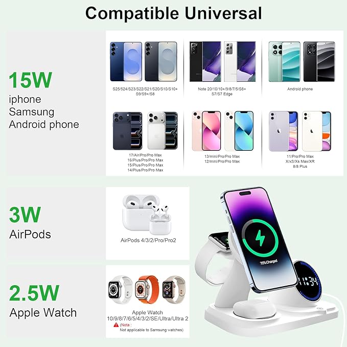 6-in-1 Wireless Charging Station with Bluetooth Speaker,Digital Clock and Ambient Lights,Fast Wireless Charger for for Multiple Devices for Apple - iPhone 17 16 15 14 13 12 Pro Max Apple Watch Airpods