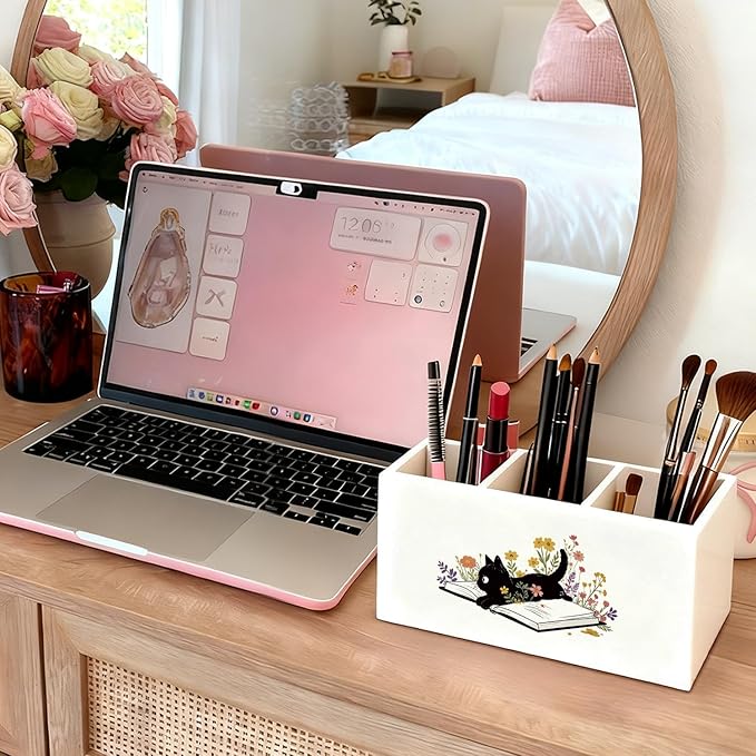 Black Cat Pen Holder, Book Lovers Reader Gifts Pencil Holder for Desk, Black Cat Lovers Gifts for Women, Floral Book Wooden Box Sign Decorations for Reading Room Corner Nook Desk Tabletop