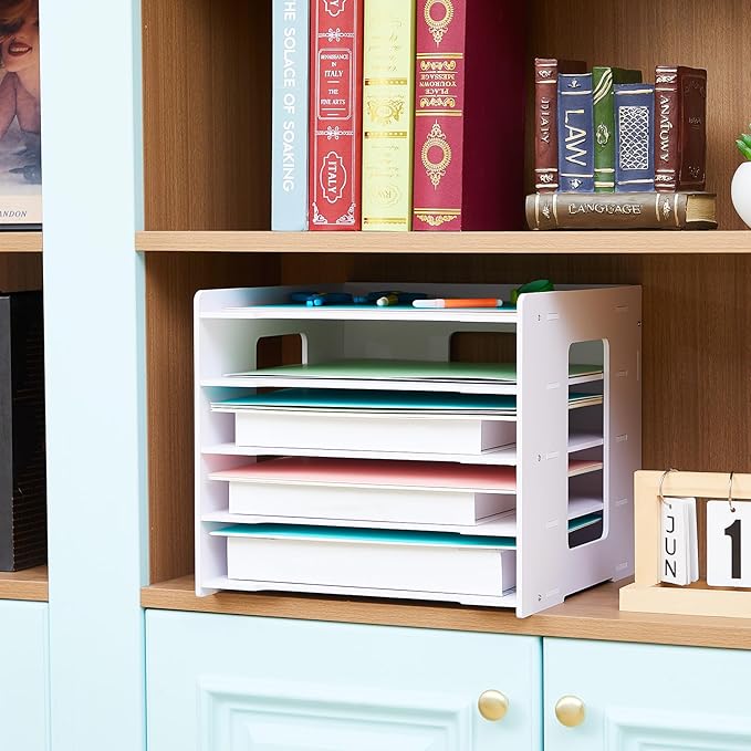 Juexica Scrapbook Paper Organizer 5 Tier File Organizer for Desk 12 x 12 Stackable Paper Trays Holder Desktop File Storage for Home Office Decorations