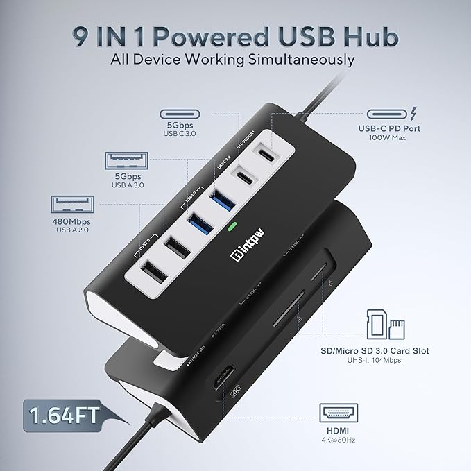 P9 USB C Hub, INTPW 9-in-1 USB Multiport Adapter with 4K HDMI, PD 100W, USB-C and 2 USB A 3.0 5Gbps, 2 USB A 2.0, SD/TF Card Reader, Aluminum Powered USB Hub for PC, iPhone 16/15 Series, MacBook, iPad