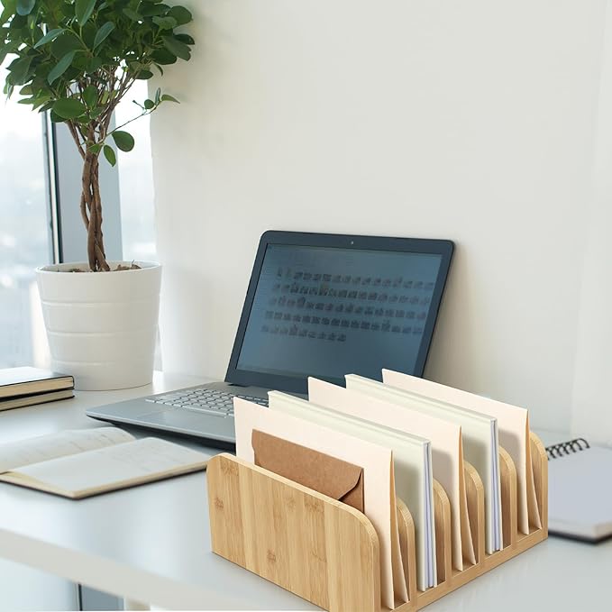 Lineshading Bamboo Letter Organizer, 5 Compartments Desk Mail Organizer, Desktop Envelope Holder and Letter Sorter, Countertop Paper File Holders with Anti Slip Mat for Home Office(Wood Color)