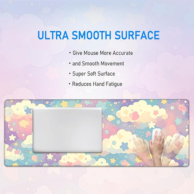 Cute Large Mousepad,Colorful Clouds and Stars Aesthetic Mouse Mat,Extended Pastel Pink Kawaii Women Office Desk Decor Mat,Girly Dreamy Mouse Pad for Work Game Office and Home,31.5 x 12in