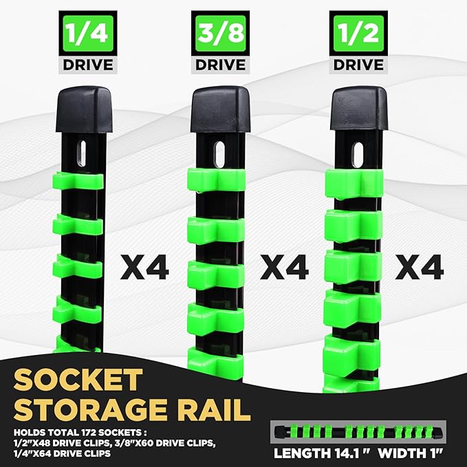 Socket Organizer Set 12PCS ABS Holder Kit - 1/4-Inch x 64, 3/8-Inch x 60, 1/2-Inch x 48 Clips, Drive Tray, Rail - Green