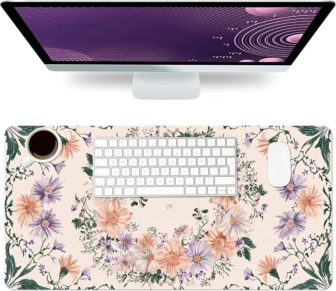 Desk Mat Large Mouse Pad, Non-Slip PU Leather Gaming Mousepad Keyboard Mouse Mats Desk Pads 23.6"x11.8" for Work Office Decor Gifts Mauve Floral