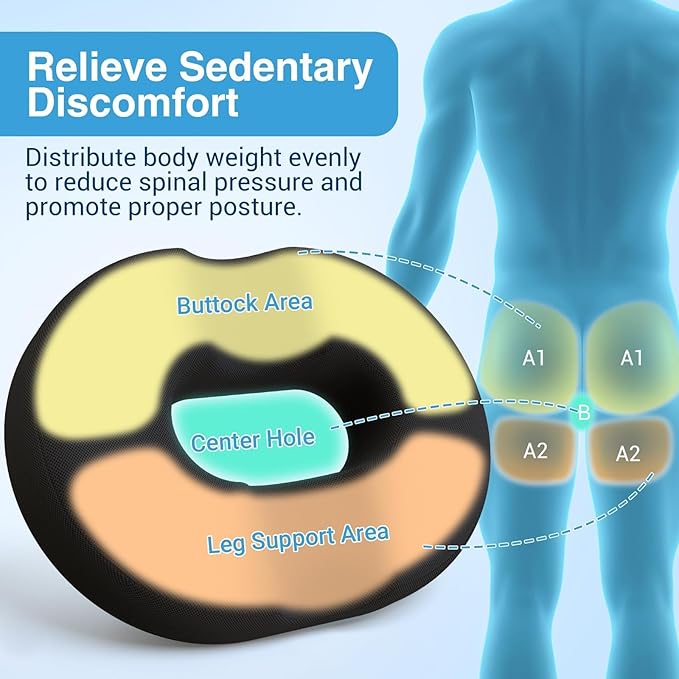 CushZone Donut Pillow Seat Cushion for Postpartum Pregnancy, Large Ergonomic Chair Seat Cushions, Office Chair Cushion, Breathable Hemorrhoid Pillow, Lifting Chair Pads for After Surgery(Black)