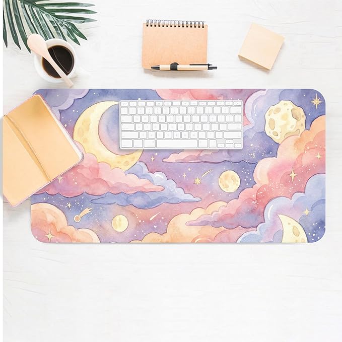 Cute Desk Mat, Pink Clouds Large Mouse Pad for Desktop, PU Leather Waterproof Desk Pad, Anti-Slip Computer PC Laptop Protector Gaming Mouse Pads for Office Home Decorations (27.5" x 13.8")