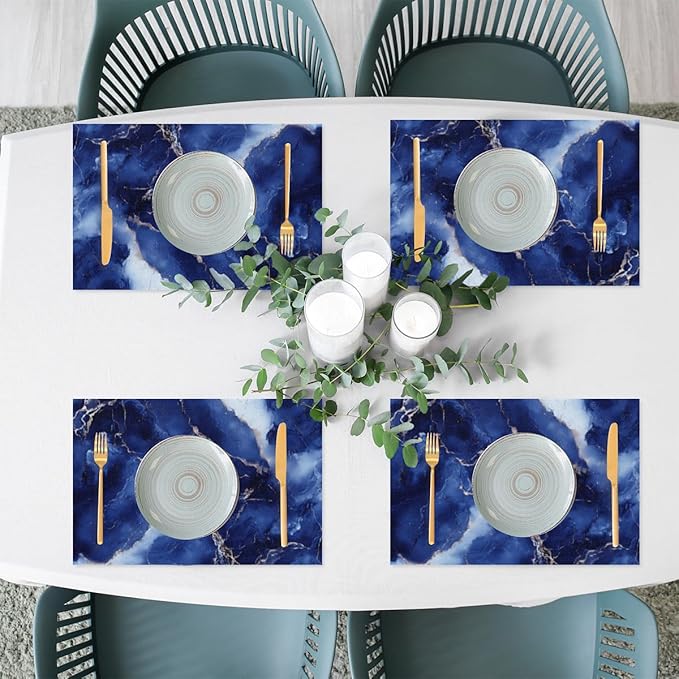Placemats Set of 4 Heat-Resistant Rectangle Place Mats Blue Marble Washable Plastic PVC Dining Table Mat Non-Slip Wipeable Woven Vinyl Placemat for Kitchen Patio Table Decor