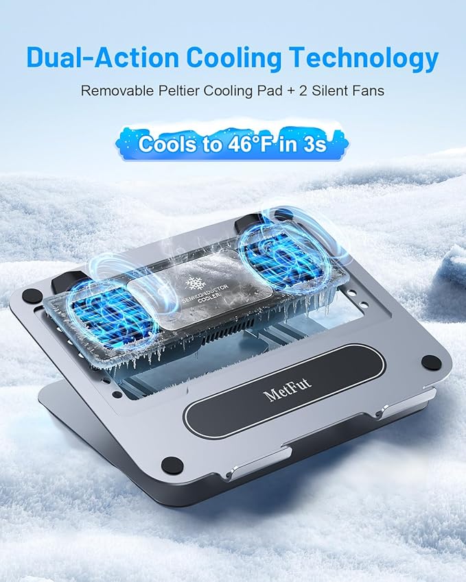 Metfut Laptop Cooling Pad with Detachable Fan & Cooler, Adjustable Height & Angle, 360 Rotation Base, Carbon Steel Framework, Ultra-Quiet & Super Sturdy for 15.6” Laptop, DJ Mixer Workstation (Grey)