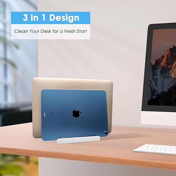 Vertical Laptop Stand [New Version: Two More Rubber Pads & Hex Key Storable Design] ABS Plastic Adjustable Dock up to 15 inch PC Desk Space Saver for MacBook/Surface/iPad/mini PC (White)