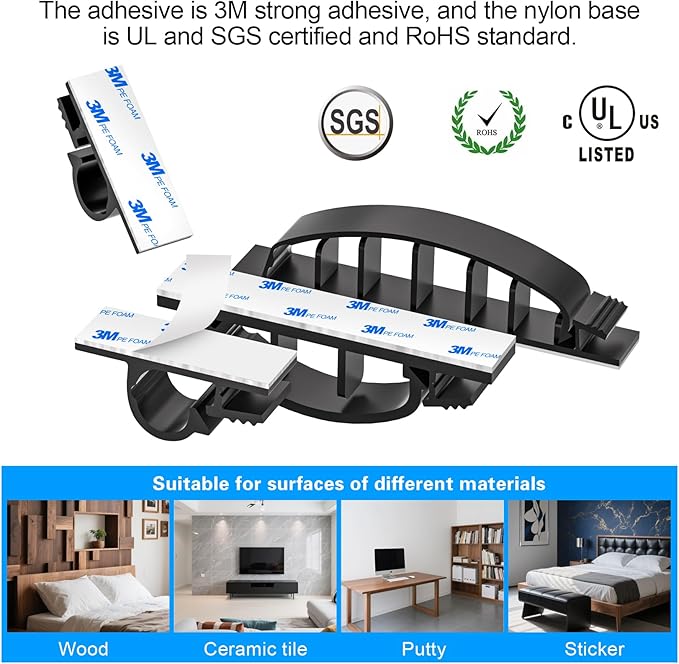 XHF 30pcs Adhesive Cable Wire Clips Kit Black, Outdoor Cable Management Wire Organizer Cord Holder for Under Desk, Car, Wall, TV PC Ethernet Cable