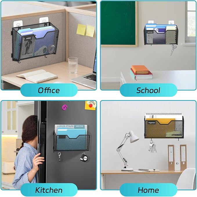 SUPEASY Wall File Organizer 6 Pack, Magnetic Mesh Wall File Holder with Hooks and Label Panel, Wall Mounted Mail Organizer for Office, Home, Classroom, Letter Size and A4 Files