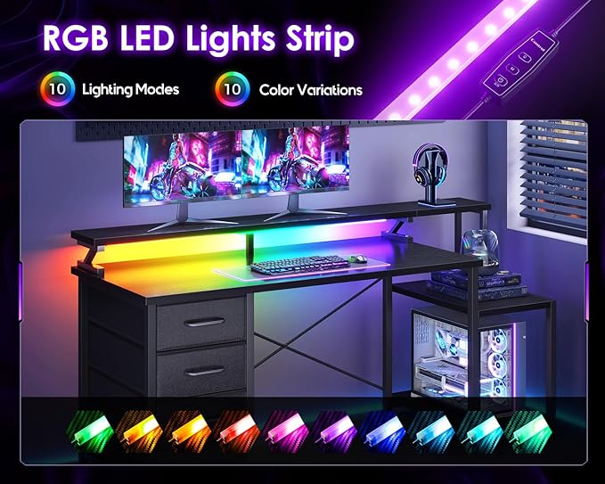 ODK 55 Inch Computer Gaming Desk with LED Lights & 4 Drawers, Home Office Desk with Monitor Stand & Storage Shelves, Black