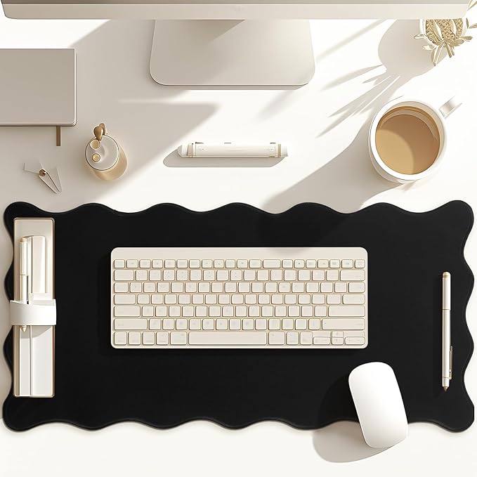 Hahafelt Scalloped Desk Mat Large Desk Pad Cute Coquette Table Mat Aesthetic Preppy Table Make up Pad Nonslip 2026 Graduation Gift with Stitching Waterproof Gaming(Black,31.5 x 15.8 Inches)