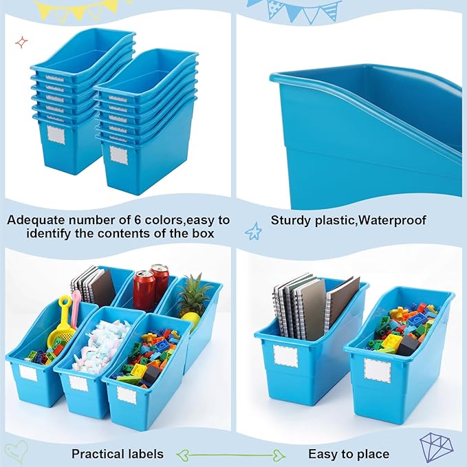 Suzile 12 Pcs Large Book Bins with Labels for Classroom Linking Plastic Storage Book Bins 12.5 x 7.5 x 5.5 Inch Folder Magazine File Holder Container Organizer for Classroom Library Office Home (Blue)