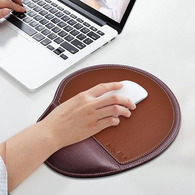 Brown Office Square Leather Mouse Pad with Wrist Rest Non-Slip Design, Business Style Gaming PU Mousepad for Learners, Workers &Computer Users.